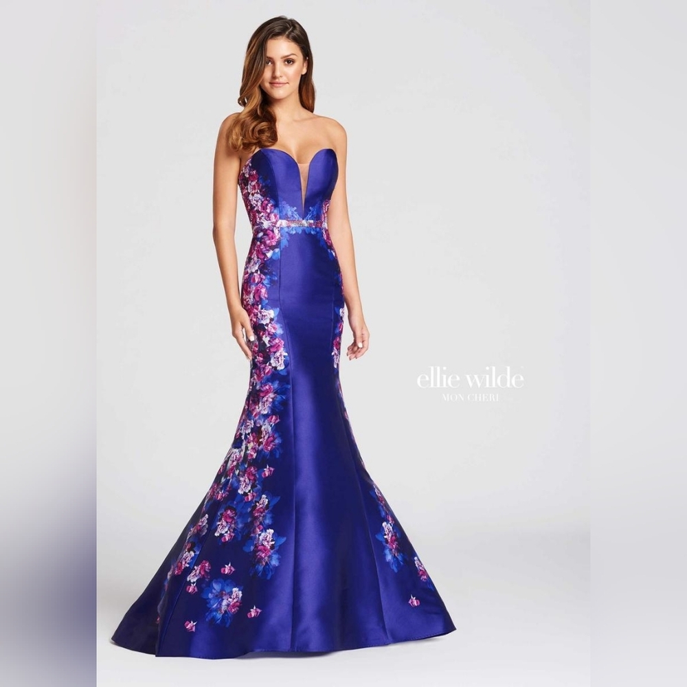 ELLIE WILDE BY MON CHERI Mermaid Bustier Prom Purple Floral Dress Size 4
